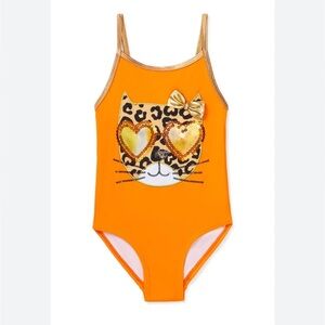 Flapdoodles Sz 6 Gently Used, Orange Cat Face Swimsuit with Gold Sequin Sunglass